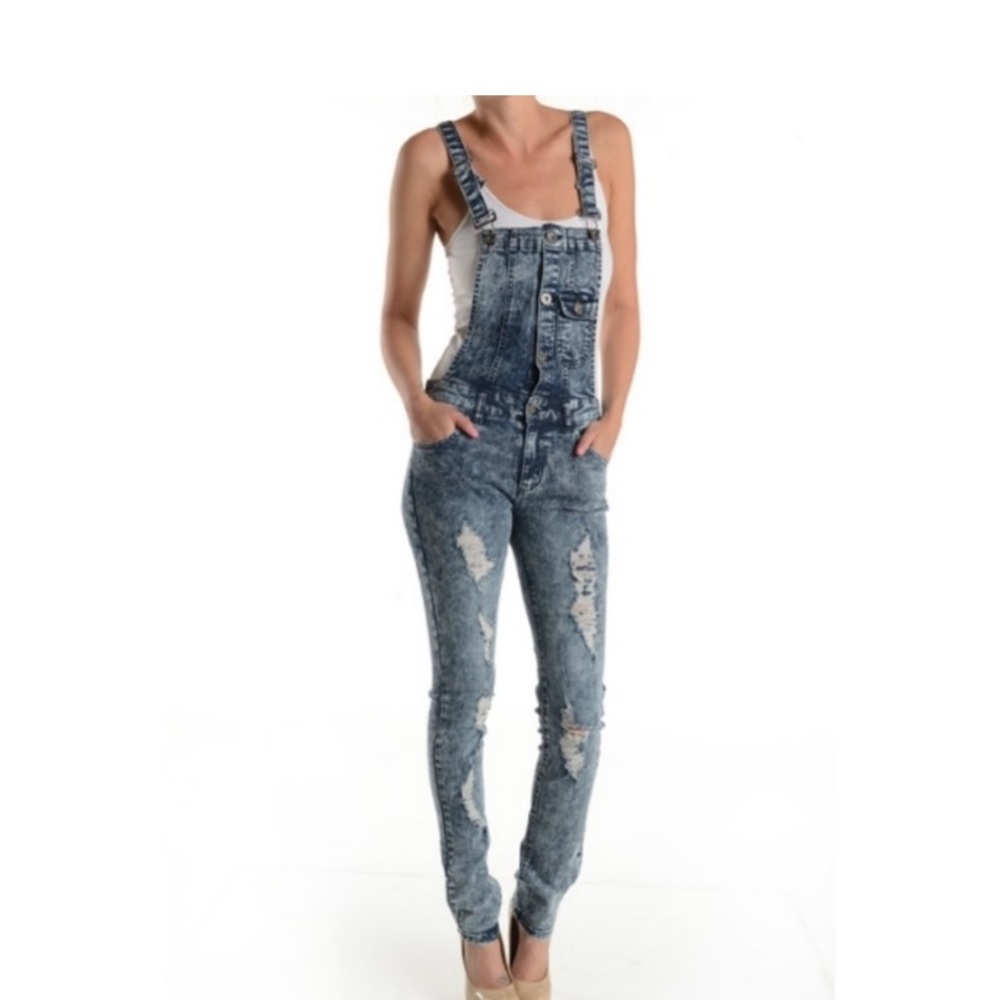 Carbun acid wash destroyed jean denim overall Dungree jumpsuit